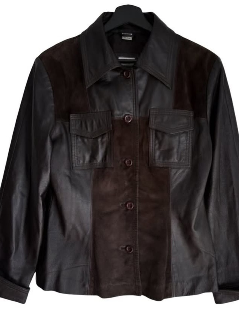 Vintage Dark Brown Leather & Suede Patchwork Button-Front Jacket Coat 90s Y2K